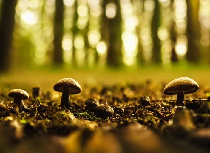 Prompt: a magical forest with delicate mushrooms that glow in the dusk, macro close up, bokeh,