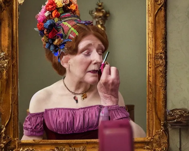 Image similar to an innocent and beautiful scene in hyper realistic style, about an old and lonely woman applying makeup in front of the camera, and modeling a victorian dress. a huge and colorful fish sits on her head.