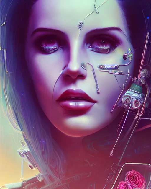 Image similar to portrait of lana del rey as a cyberpunk cyborg. roses, sci - fi, intricate abstract upper body intricate artwork, by tooth wu, wlop, beeple, dan mumford. concept art, octane render, deviantart, greg rutkowski, cinematic arthouse, key art, hyper realism, iridescent accents