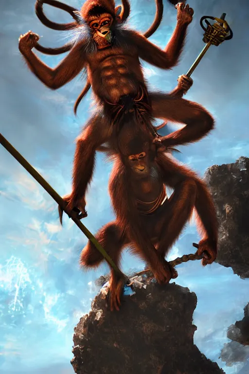 Prompt: monkey king photorealistic cosmic survival, 孫 悟 空 sun wukong, sci fi, painted by craig mullins, designed by sawoozer, akitipe studios, cone, bolt, worm, hog, mud