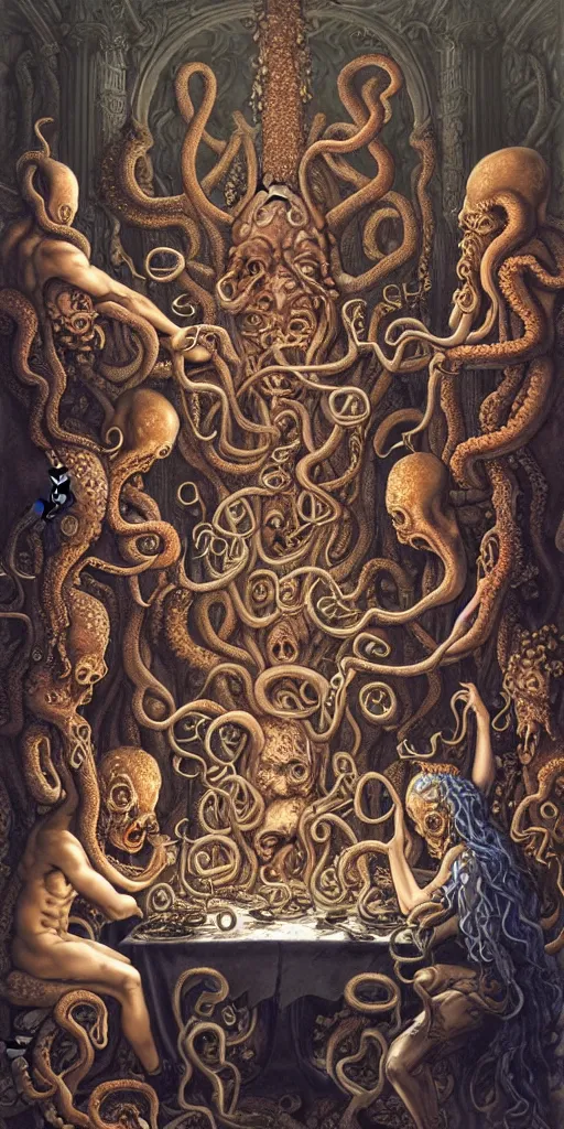 Prompt: group of mages in human bodies with octopus or medusa heads sitting near the table and arguing in an ancient mage castle with enormous scale, gothic and baroque, brutalist architecture, ultradetailed, Intricate by James Jean and Josan Gonzalez and John Howe and Giuseppe Arcimboldo