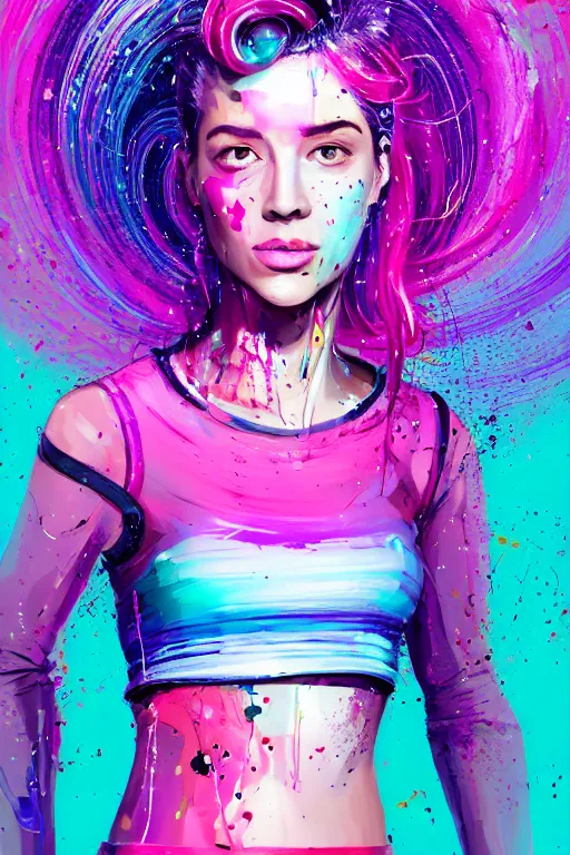 Image similar to a award winning half body portrait of a beautiful woman in a croptop and cargo pants with ombre purple pink teal hairstyle and hands in pockets by ari liloan, surrounded by whirling illuminated lines, paint splashes and splatter, outrun, vaporware, shaded flat illustration, digital art, trending on artstation, highly detailed, fine detail, intricate