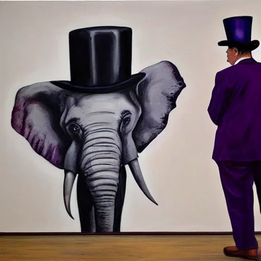 Image similar to in an art gallery, there is a huge painting of an elephant by marlene dumas. a man in a top hat and a suit is looking up at the painting. cgsociety, surrealism, surrealist, dystopian art, purple color scheme