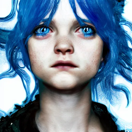 Image similar to portrait of young girl half dragon half human, dragon girl, dragon skin, dragon eyes, dragon crown, blue hair, long hair, highly detailed, cinematic lighting, by David Lynch and Robert Eggers
