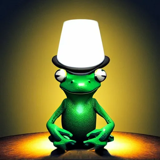 Prompt: “ frog wearing top hat sitting in front of a lamp, realistic, whimsical, volumetric lighting, 3 d ”