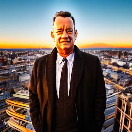 Prompt: a portrait of tom hanks taken on the balconey of a tall building at sunset, photoreal, 4 k, photograph