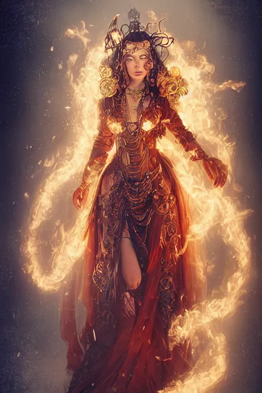 Prompt: a beautiful portrait of a young woman, steampunk Chandra sorceress of fire, big googles over her head, long flowing hair glowing with fire, steampunk costume mostly red and gold young female face, cinematic top lighting, insanely detailed and intricate, face by wlop, Charlie Bowater, golden ratio, symmetric, elegant, ornate, luxury, elite, matte painting, cinematic, trending on artstation, deviantart and cgsociety, 8k, high resolution