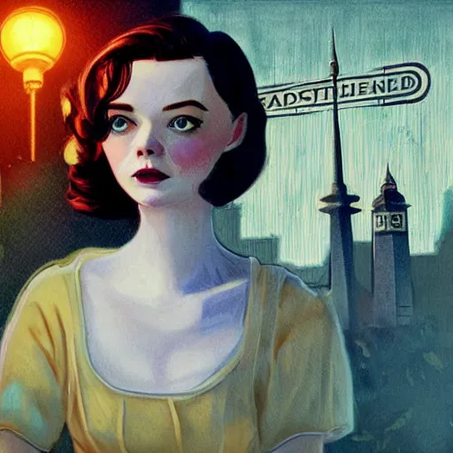 Prompt: Elle Fanning, head and shoulders masterpiece, in Bioshock Rapture, golden hour, in a garden, artstation, in the style of Art Deco and Edward Hopper and Bosch, extremely detailed