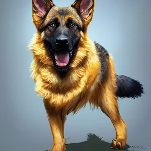 Image similar to german shepherd merge with donald trump, intricate, elegant, highly detailed, digital painting, artstation, concept art, matte, illustration, hearthstone, art by artgerm and greg rutkowski and alphonse mucha, simon stalenhag, hyperreal