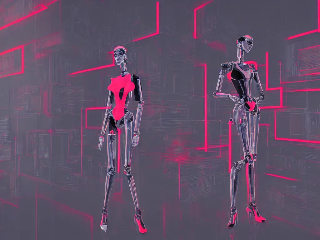 Prompt: beautiful tall female robot printed with red and black 3 d geometrical neon guarding a wall of computers!!!!!!!!!! + flowering vaporwave orchids!!!, transcendent, clean linework, dramatic, finely detailed, 4 k, trending on artstation, photorealistic, award winning, rule of thirds, volumetric lighting, octane render