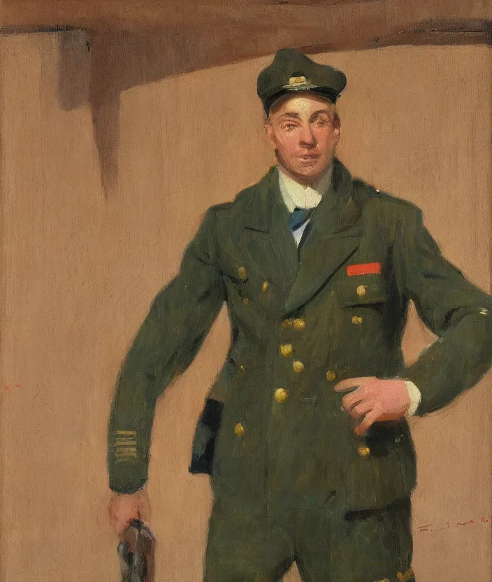 Image similar to a very detailed portrait of a man, wearing a colorful military jacket, frontal view, in the style of edward hopper and oswald hornby joseph birley, very small brushstrokes, 4 k,