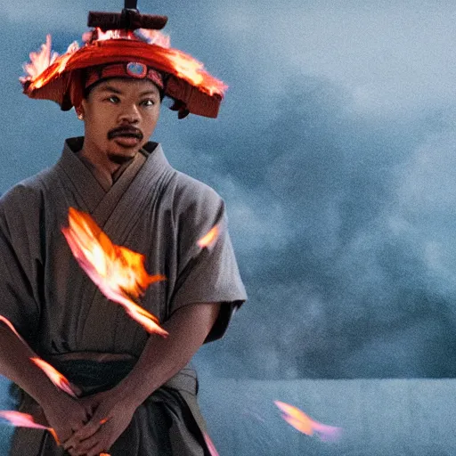 Image similar to cinematic film still of Chance The Rapper starring as a Samurai holding fire, Japanese CGI, VFX, 2022, 40mm lens, shallow depth of field, film photography