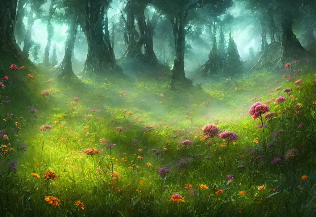 Image similar to an alien flowering meadow a forest behind it, epic fantasy, detailed, intricate, digital painting, concept art, realistic, smooth, focus, rim light