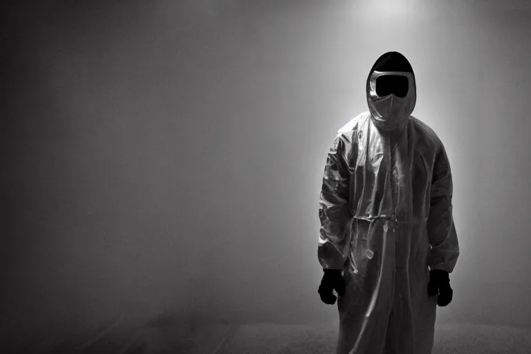 Image similar to a cinematic portrait of a prisoner dressed in a a black and white hazmat suit, in a small prison cell, red color theme, dust storm, annie leibovitz and zack snyder, 8 k, hd, high resolution, 8 5 mm, f / 1. 8