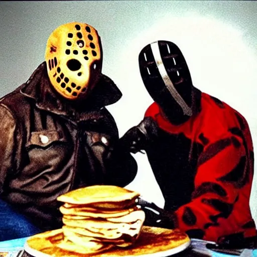 Image similar to Jason voorhees eating pancakes with Freddy Krueger