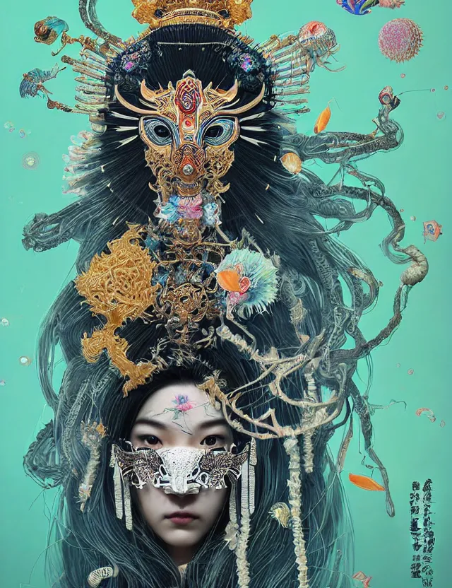 Image similar to goddess portrait with mask and crown made of ram skull. beautiful intricately detailed japanese crow kitsune mask and clasical japanese kimono. betta fish, jellyfish phoenix, bioluminescent, plasma, ice, water, wind, creature, super intricate ornaments artwork by tooth wu and wlop and beeple and greg rutkowski