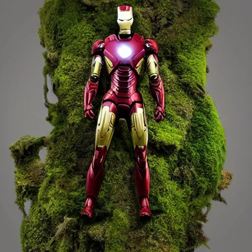 Image similar to overgrown iron man suit covered in moss and vines, 4k realistic photo