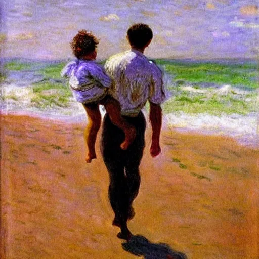 Image similar to a man carrying his child over his shoulders walking near the beach, anatomically correct, painting by monet, masterpiece