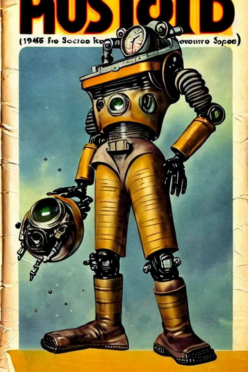 Prompt: ( ( ( ( ( 1 9 5 0 s pulp science fiction magazine cover art steampunk space inventer adventure robot explorer costume. muted colors. ) ) ) ) ) by jean - baptiste monge!!!!!!!!!!!!!!!!!!!!!!!!!!!!!!