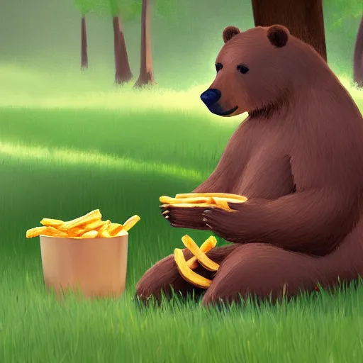 Prompt: a cute bear eating fries stick under a tree hyperrealistic, digital art, 8 k