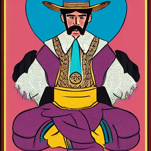 Prompt: mustachioed mexican vaquero seated in the lotus position, sombrero, persian folktale artstyle