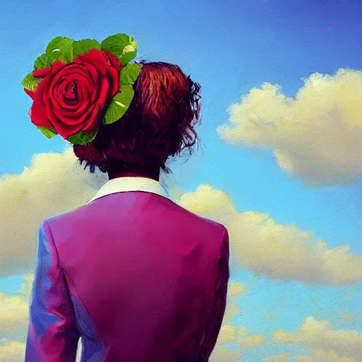 Image similar to closeup, big rose flower head, portrait, girl in a suit, surreal photography, sunrise, blue sky, dramatic light, impressionist painting, digital painting, artstation, simon stalenhag