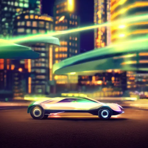 Image similar to digital art of a futuristic neon city sharp photorealistic octane render, bokeh in the background only, a in focus sharp flying car hover in the foreground