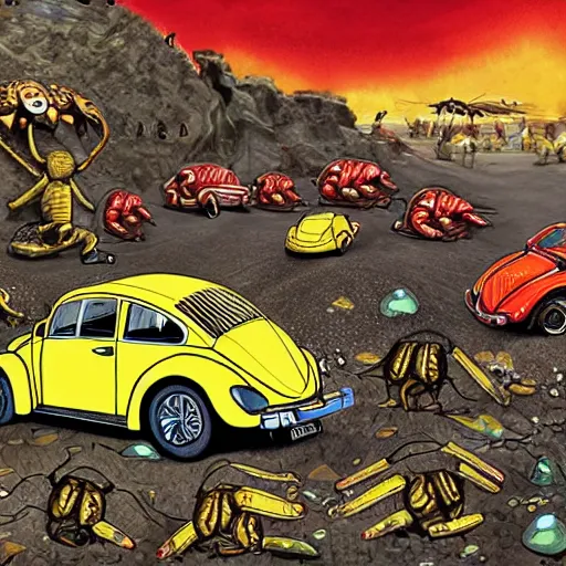 Image similar to highly detailed illustration of a beetle and the beatles battling on the battleground