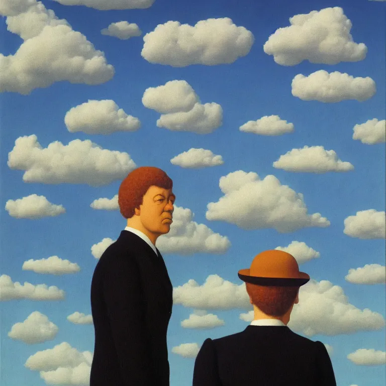 Image similar to cloud - man, by rene magritte, centered, detailed painting, hd, hq, high resolution, high detail, 4 k, 8 k