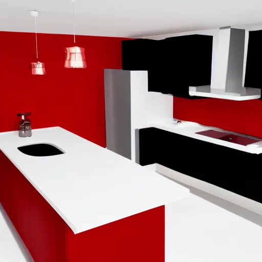 Image similar to photo of black kitchen fronts and furniture, red walls, white floor tiles, architecture, concept art