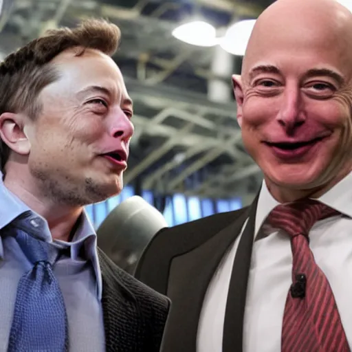 Prompt: elon musk fighting jeff bezos in an oily rustling match