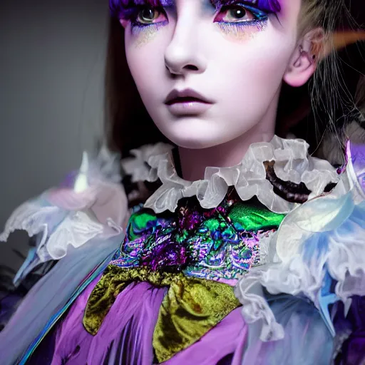 Image similar to Ethereal, mysterious stunning maximalist mesmerizing girl from the rainbow sky paradise, high-tech, professional high fashion model photo shoot for Victorian gothic lolita fashion, hyperdetailed by Mark Ryden and artgerm and Hiroyuki-Mitsume Takahashi, close-up 35mm macro shot, hyperrealism, 8k resolution 3D, cinematic, dynamic lighting, octane render, unreal engine 5