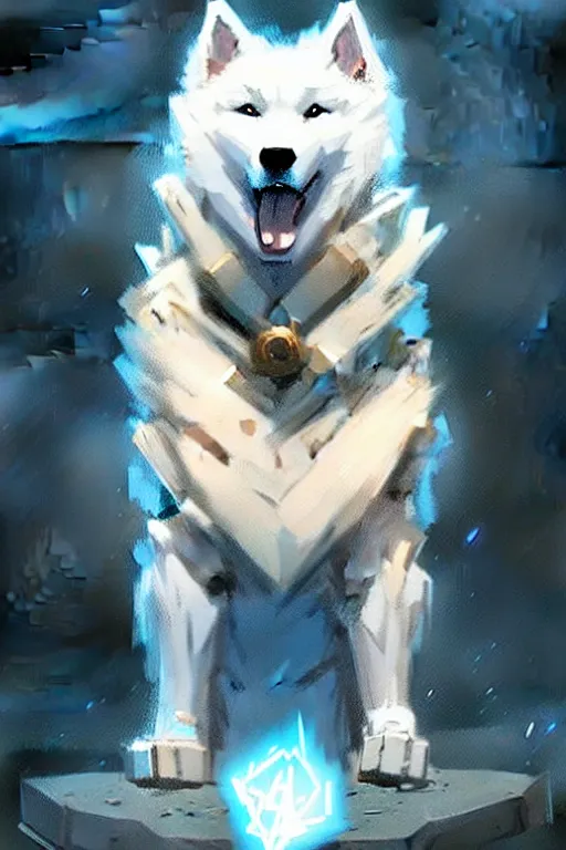 Image similar to comic book cover. heroic samoyed dog in mage clothes by greg rutkowski, trending on artstation