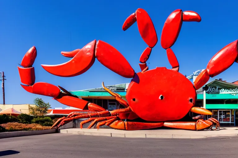 Image similar to 1 9 8 5 crab themed giant sculpture, googie architecture, one point perspective, americana, fishcore, restaurant exterior photography, hd 8 k, taken by alex webb