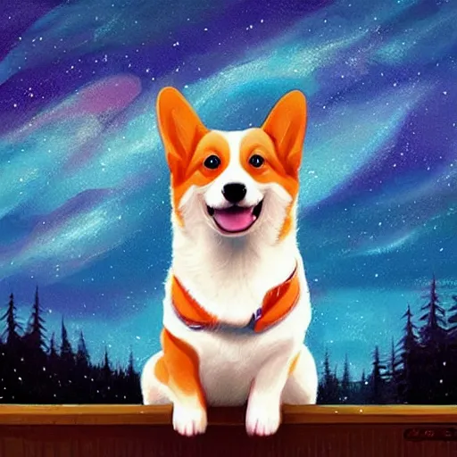 Prompt: adorable corgi puppy in space, starry background, beautiful digital painting by simon stalenhag, magical, intense, cool