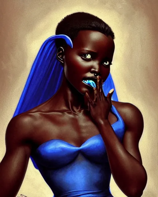Prompt: Lupita Nyong'o as a succubus in an elegant blue dress, D&D, fantasy, intricate, elegant, highly detailed, digital painting, artstation, concept art, matte, sharp focus, illustration, hearthstone, art by Artgerm and Greg Rutkowski and Alphonse Mucha