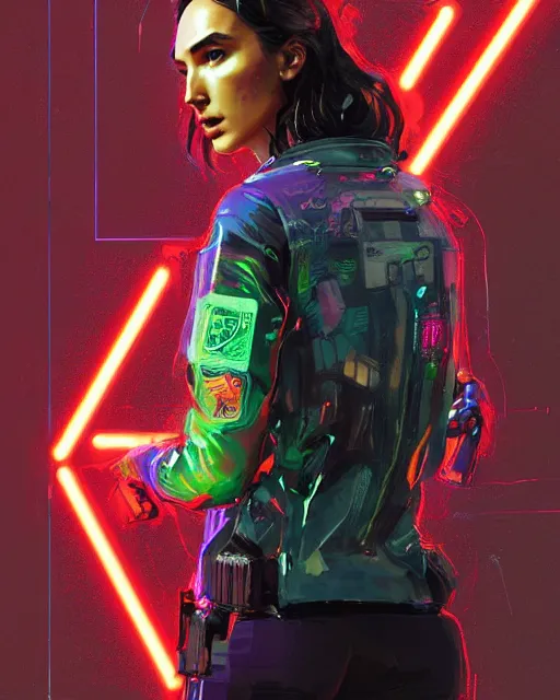 Image similar to detailed portrait Gal Gadot Neon Operator Girl, cyberpunk futuristic neon, reflective puffy coat, decorated with traditional Japanese ornaments by Ismail inceoglu dragan bibin hans thoma greg rutkowski Alexandros Pyromallis Nekro Rene Maritte Illustrated, Perfect face, fine details, realistic shaded, fine-face, pretty face