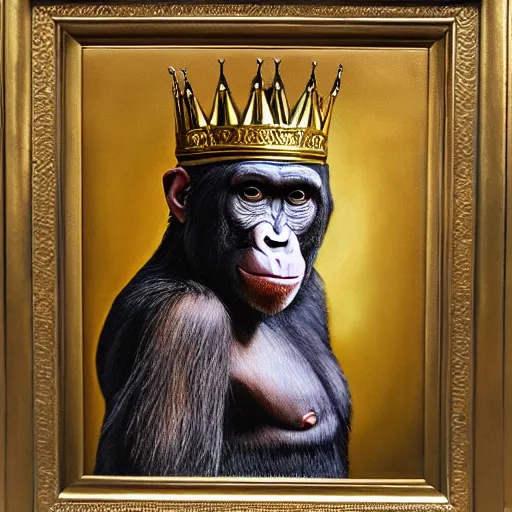 Prompt: oil painting of an ape with a golden crown and robes sat on a bed in A Bed bath and beyond store, incredibly detailed, insanely detailed, award winning art
