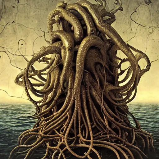 Prompt: still life of the giant ancient Cthulhu rising from the depths, surreal alien ribbed fruit flowers, white human spine, covered with tentacles, roots, wires, tubes, baroque painting, swimming upwards from the ocean depths filled with tiny corpses, creepy, nightmare, dream-like heavy atmosphere, surreal underwater statues, baroque painting, beautiful detailed intricate insanely detailed octane render trending on Artstation, 8K artistic photography, photorealistic, chiaroscuro, Raphael, Caravaggio, Beksinski, Giger