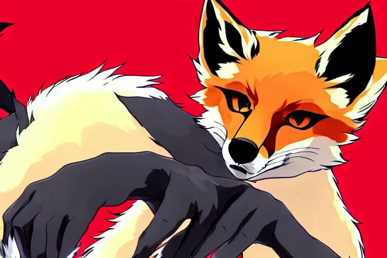 Image similar to a furry tan male fox on a persona 5 : royal ( by atlus ) video game splash screen, a furry male sandcolored tan fox fursona ( has hair ), persona 5 phantom thief style