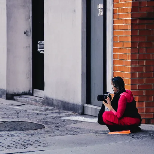 Prompt: a woman taking a photograph on sidewalk