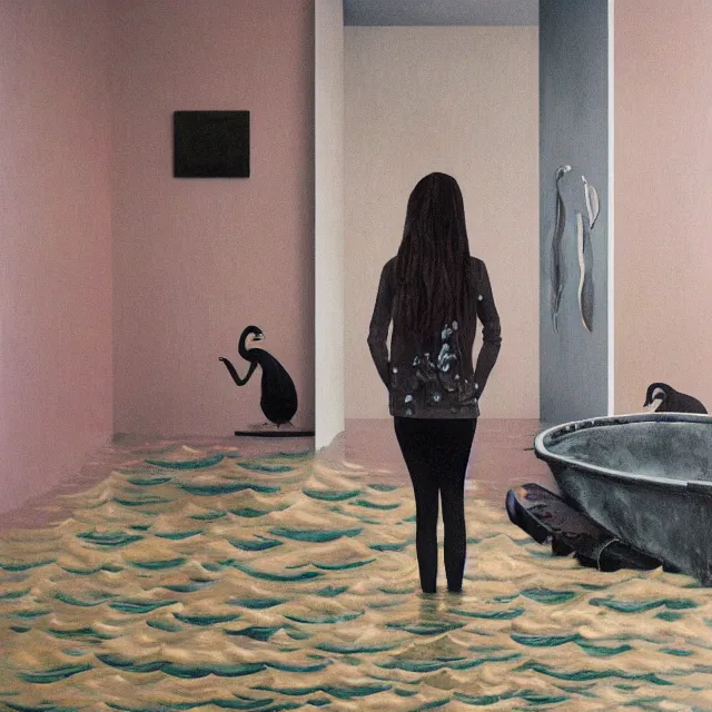 Image similar to tall female emo artist in her flooded apartment, water gushing from ceiling, painting of flood waters inside an artist's home, a river flooding indoors, pomegranates, pigs, ikebana, zen, water, octopus, river, rapids, waterfall, black swans, canoe, berries, acrylic on canvas, surrealist, by magritte and monet