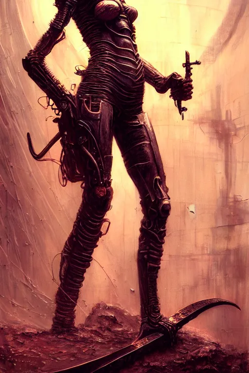 Image similar to a highly detailed long shot photo of cyberpunk female character by ayami kojima, elf, beksinski, giger, elf, wielding scythe, intricate, digital painting, artstation, concept art, smooth, sharp focus, full body