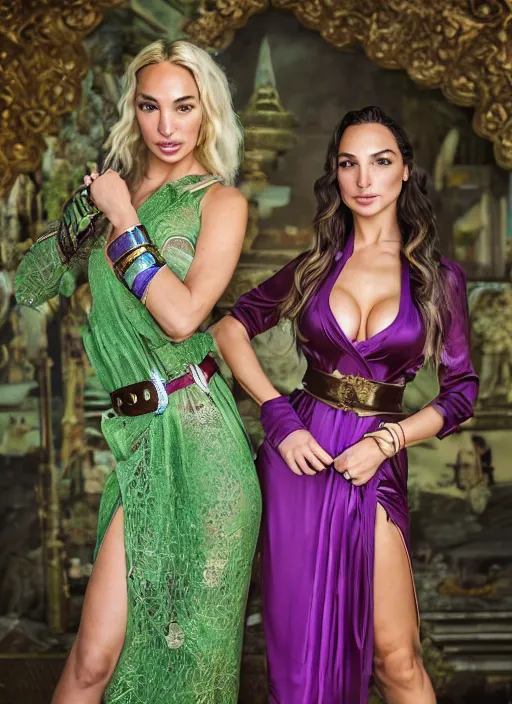 Prompt: portrait of lindsey pelas and gal gadot wearing green kebaya and purple silk belt in a temple, by charlotte grimm, natural light, detailed face, beautiful features, symmetrical, canon eos c 3 0 0, ƒ 1. 8, 3 5 mm, 8 k, medium - format print, half body shot