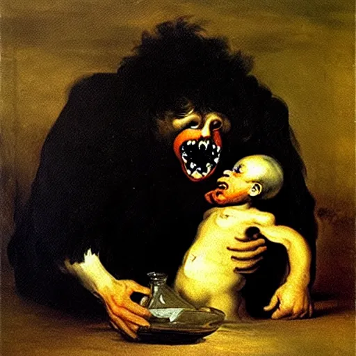 Image similar to a dramatic oil painting of Elmo devouring his son by Francisco Goya