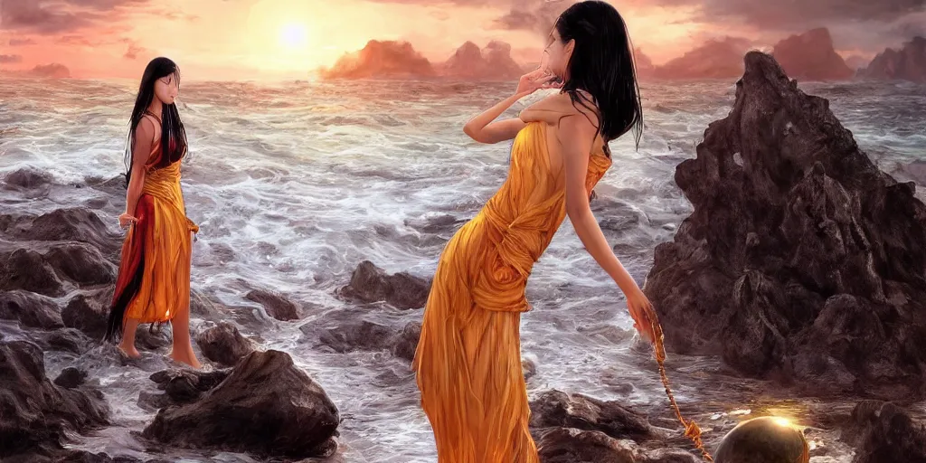 Image similar to ! dream photorealistic long shot of a dark mystical goddess wearing a qipao dress, big sun rough sea and jagged rocks, nets, plastic bottles, garbage, sand and sea, golden hour, ao dai, environmental, fantasy, atmospheric, hyper realistic, artstation, art by artgerm, andres rodriguez and john william waterhouse