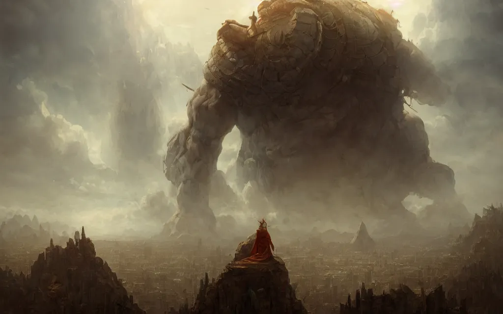 Image similar to the stone giant over the big city on the horizon. beautiful, realistic, 4K by Anita Kunz, Leonardo da Vinci, Peter Mohrbacher, Tomasz Jedruszek and Jakub Różalski, Trending on artstation