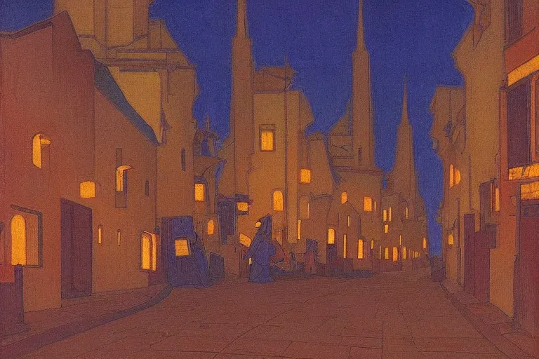 Image similar to winding street at twilight in a very old very beautiful city by George Price Boyce and Nicholas Roerich and jean delville, glowing paper lanterns, strong dramatic cinematic lighting , ornate tiled architecture, lost civilizations, smooth, sharp focus, extremely detailed