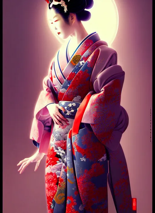 Image similar to sensual japanese geisha wearing vr eyepiece, intricate geisha kimono, robotic, android, cyborg, cyberpunk face, steampunk, fantasy, intricate, elegant, highly detailed, colorful, vivid color, digital photography, cool warm lighting, artstation, concept art, art by artgerm and greg rutkowski and ruan jia,