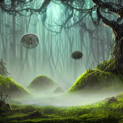 Prompt: a gloomy swamp of celestial moss surrounded by colorful mist with haunting shadows of creatures in the distance and jellyfish flying in the air, ambient occlusion, clean lineart and color, vibrant, painting, high detail, 4k, 8k